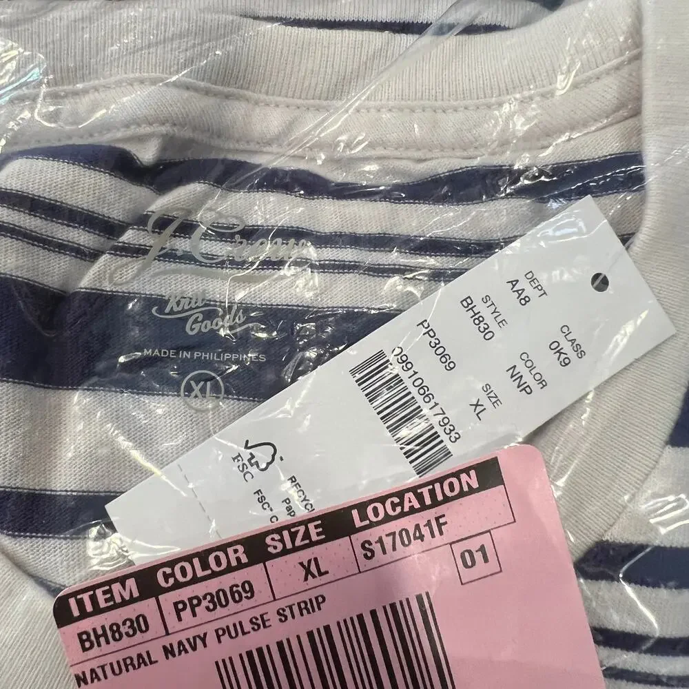NWT J. Crew Men's Navy Pulse & White Stripe Cotton Crewneck T-Shirt